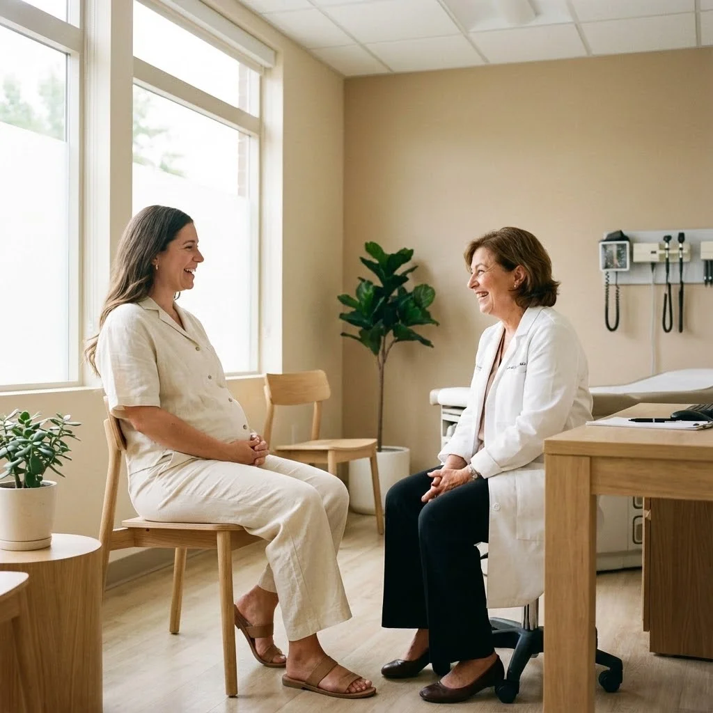 Femme enceinte souriante en consultation médicale, assise face à un médecin bienveillant, décor de cabinet médical lumineux, tons neutres et chaleureux