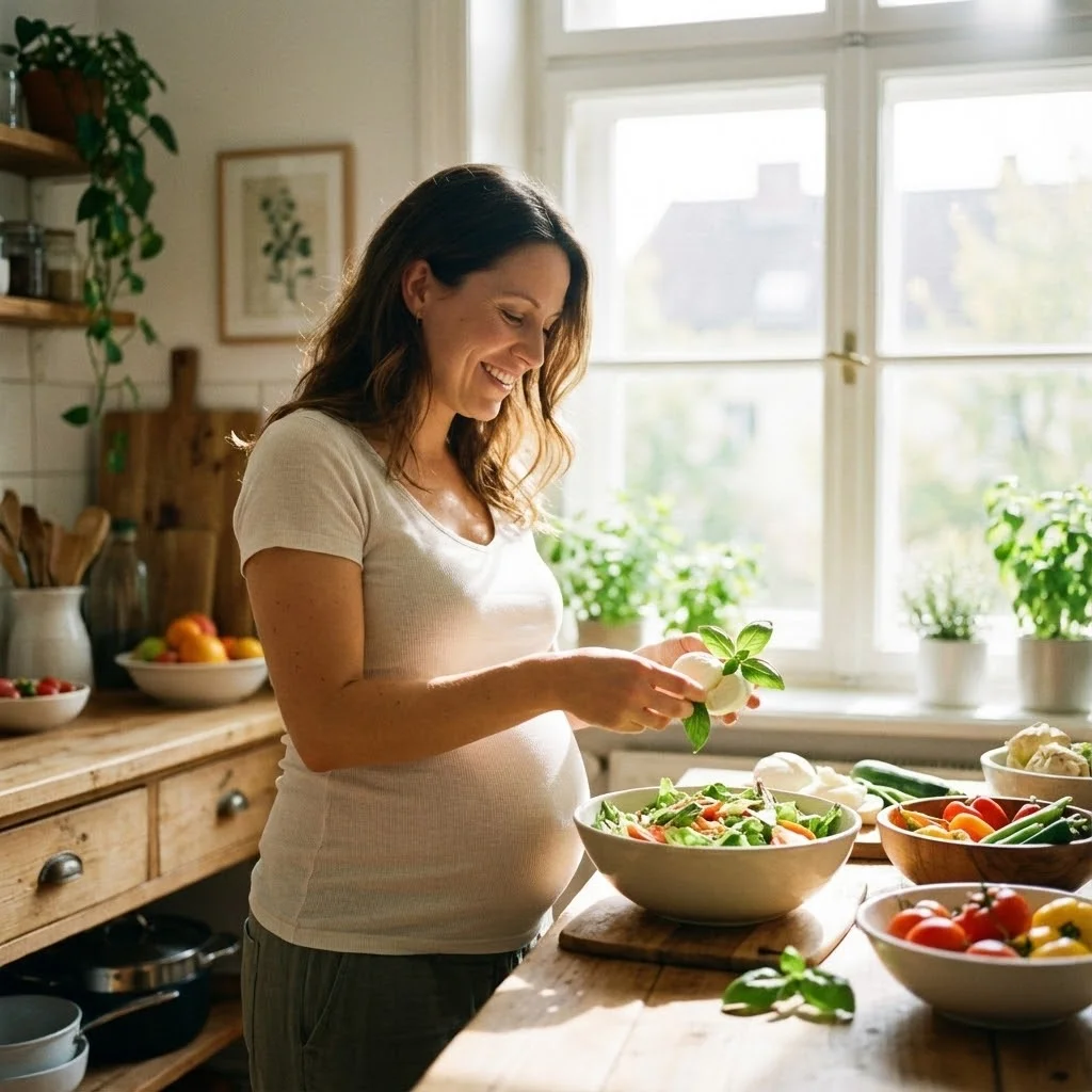 Femme enceinte souriante préparant une salade avec de la mozzarella dans une cuisine lumineuse, ambiance sereine et positive