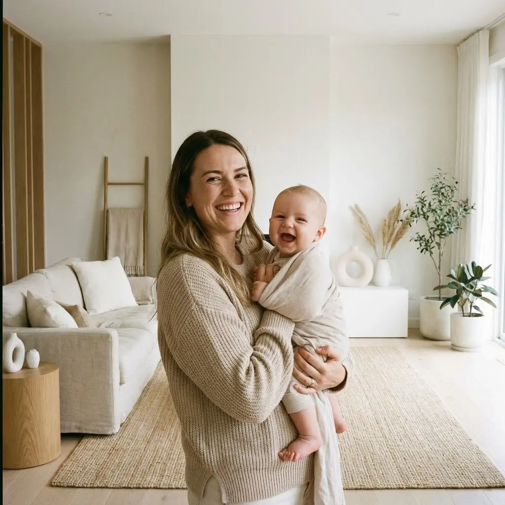 Femme souriante et épanouie tenant son bébé, ambiance chaleureuse, décor moderne et minimaliste, tons neutres et doux