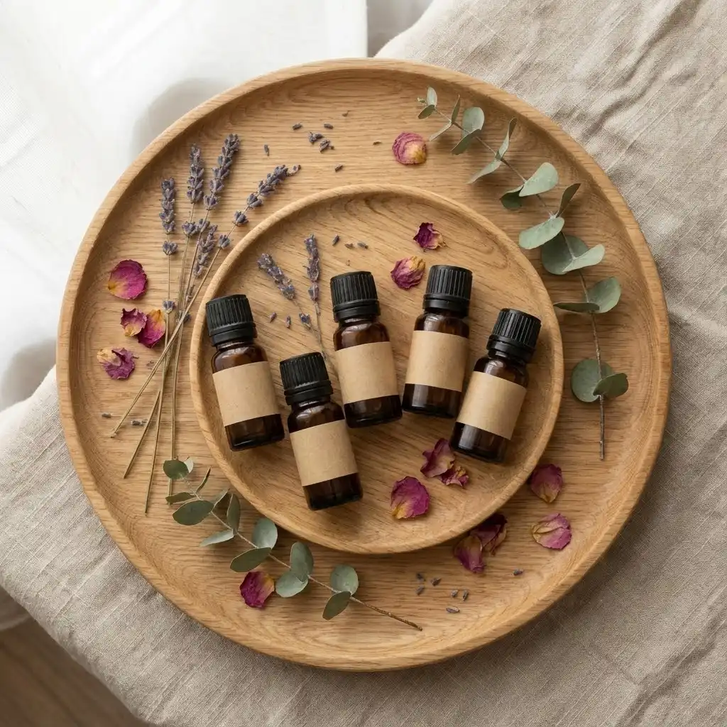 Flat lay élégant montrant des flacons d'huiles essentielles disposés sur un plateau en bois clair avec des brins de plantes séchées, lumière naturelle douce