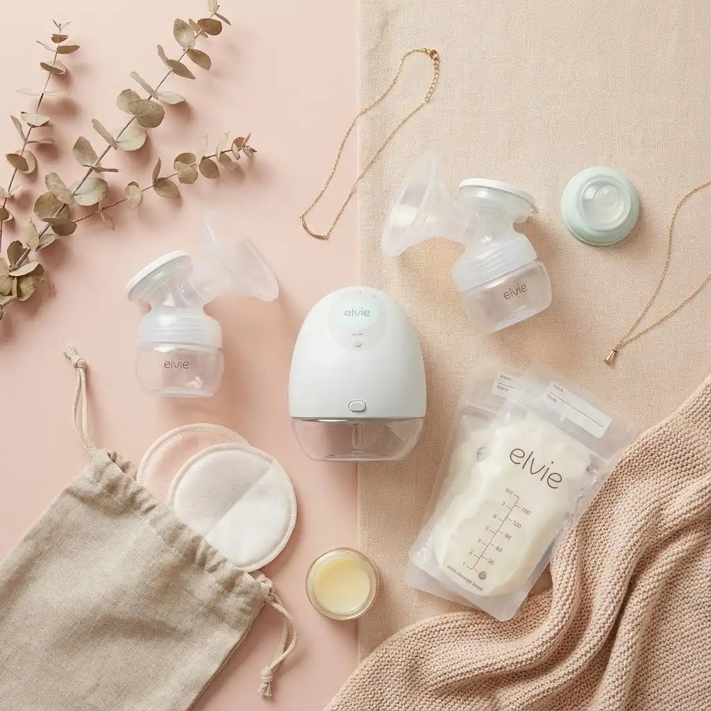 Flatlay élégant présentant un tire-lait et ses accessoires essentiels sur fond pastel, mise en scène soignée style Instagram