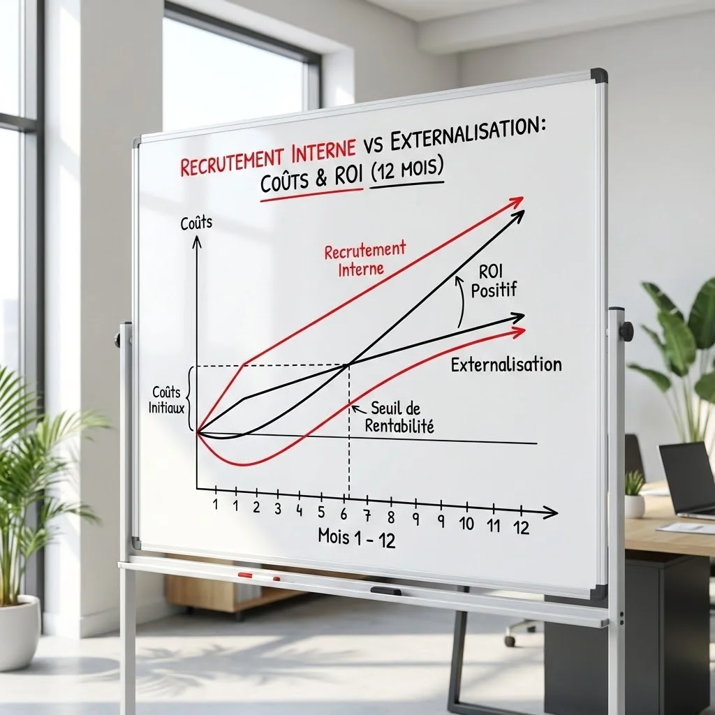 [image : Graphique comparatif montrant les coûts : recrutement interne vs externalisation, avec courbes de ROI sur 12 mois, style data visualization épuré]