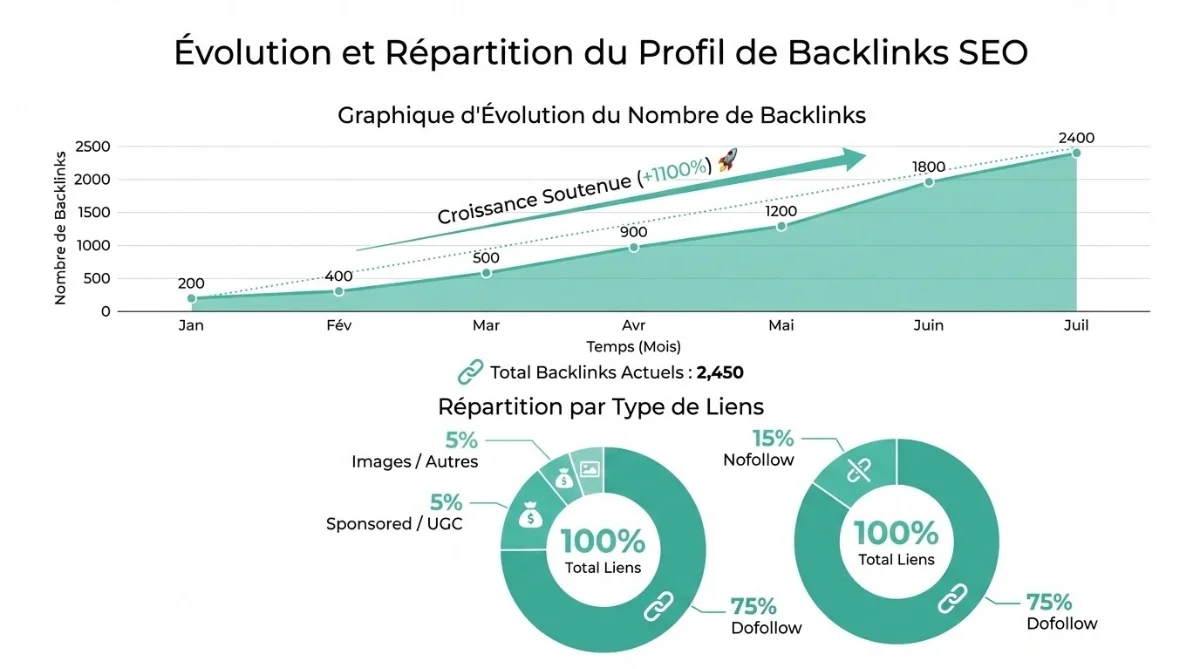 [image : Graphique d'évolution du profil de backlinks d'un site avec courbe et répartition par type de liens - style infographie data SEO]