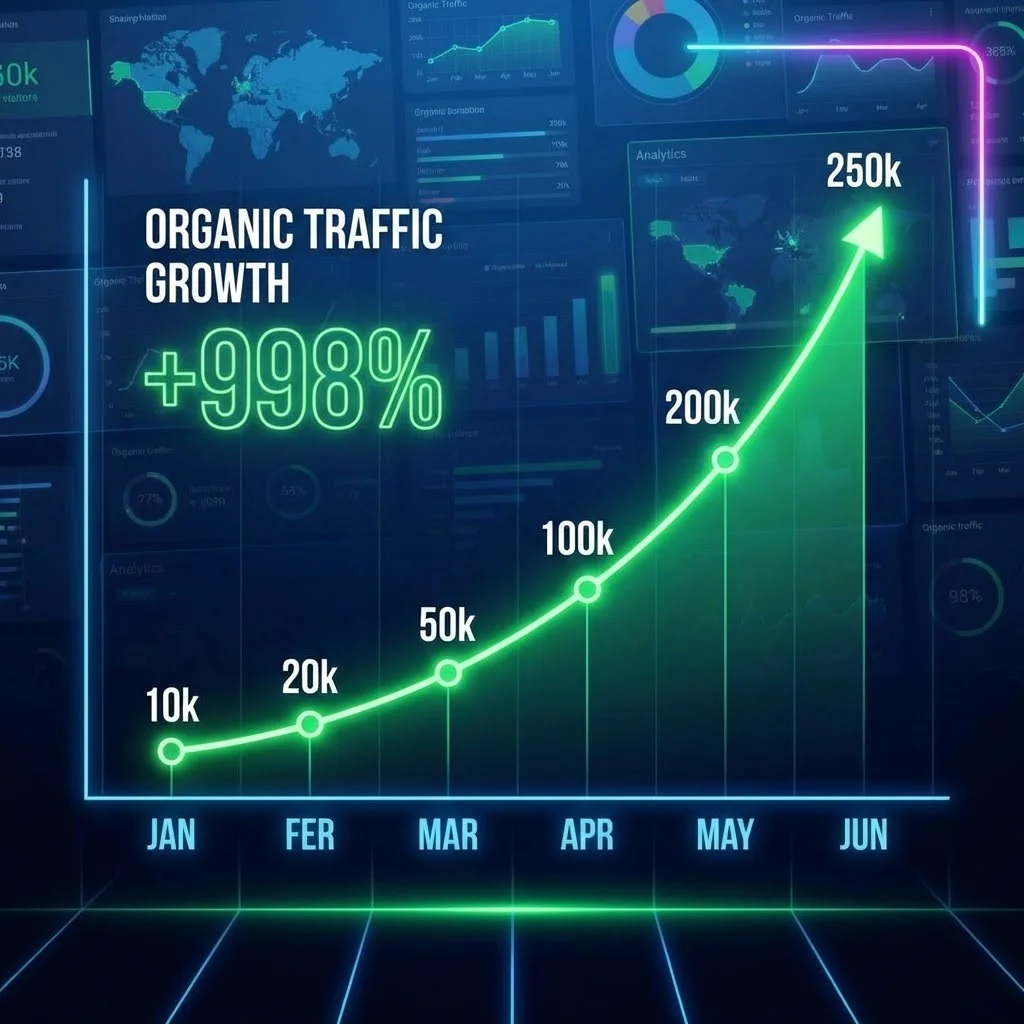 [image : Graphique de croissance du trafic organique avec courbe ascendante sur 6 mois, tableaux de bord analytics en arrière-plan - style data visualization moderne]