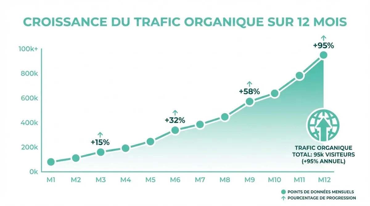 [image : graphique de croissance montrant l'évolution du trafic organique sur 12 mois avec une courbe ascendante, points de données mensuels et pourcentages de progression]