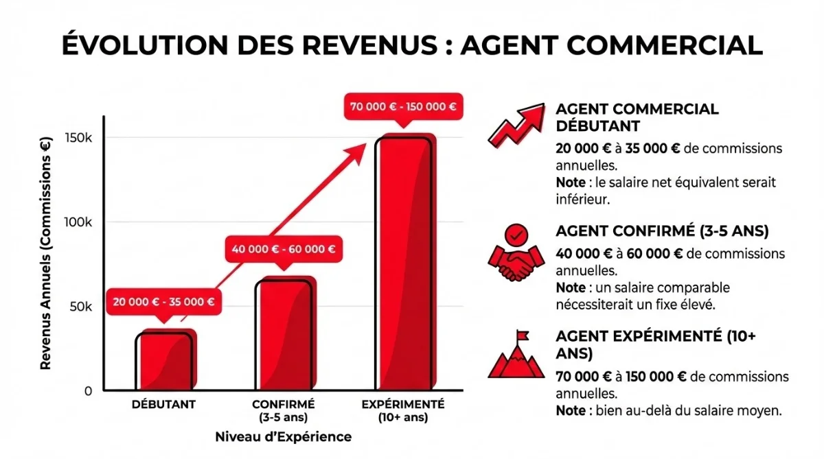 [image : Graphique en barres montrant l'évolution des revenus d'un agent commercial selon l'expérience (débutant, confirmé, expert), avec des montants en euros, style infographie moderne]