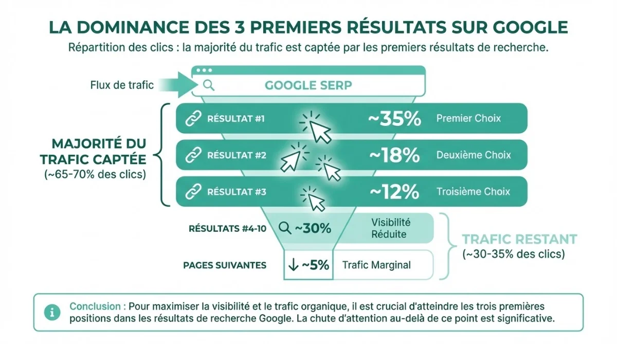 [image : Graphique illustrant la répartition des clics sur une page de résultats Google, montrant que les 3 premiers résultats captent la majorité du trafic, style infographie claire et professionnelle]