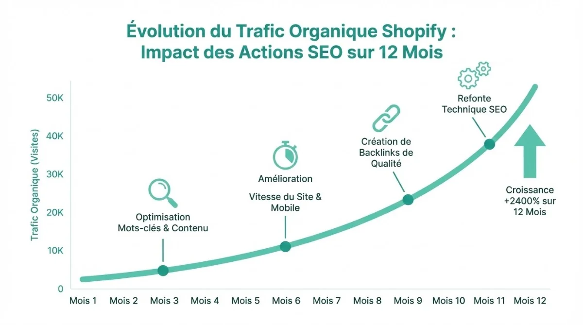 [image : Graphique montrant l'évolution du trafic organique d'une boutique Shopify sur 12 mois, courbe ascendante avec annotations des actions SEO réalisées, style data visualisation professionnel]