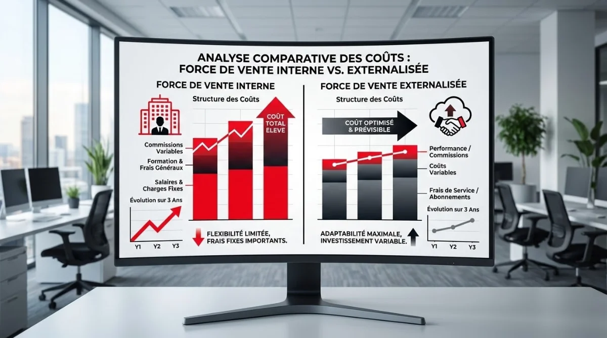 [image : Graphique sur écran montrant coûts force de vente interne versus externalisée, courbes et diagrammes colorés, bureau professionnel en arrière-plan, style business analytics]
