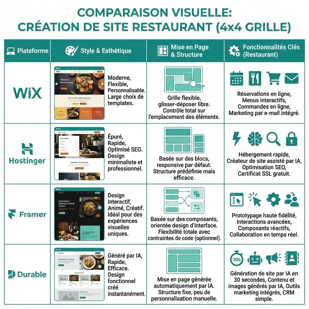 [image : Grille de comparaison visuelle 4x4 montrant le même brief de site pour restaurant traité par Wix, Hostinger, Framer et Durable, différences de style et mise en page visibles]