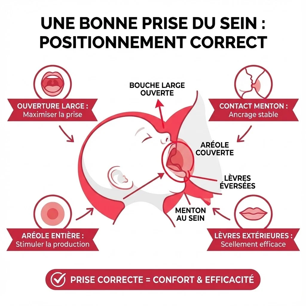 Gros plan illustré sur une bonne prise du sein pendant l'allaitement, montrant le positionnement correct de la bouche du bébé sur le mamelon et l'aréole, style médical simplifié