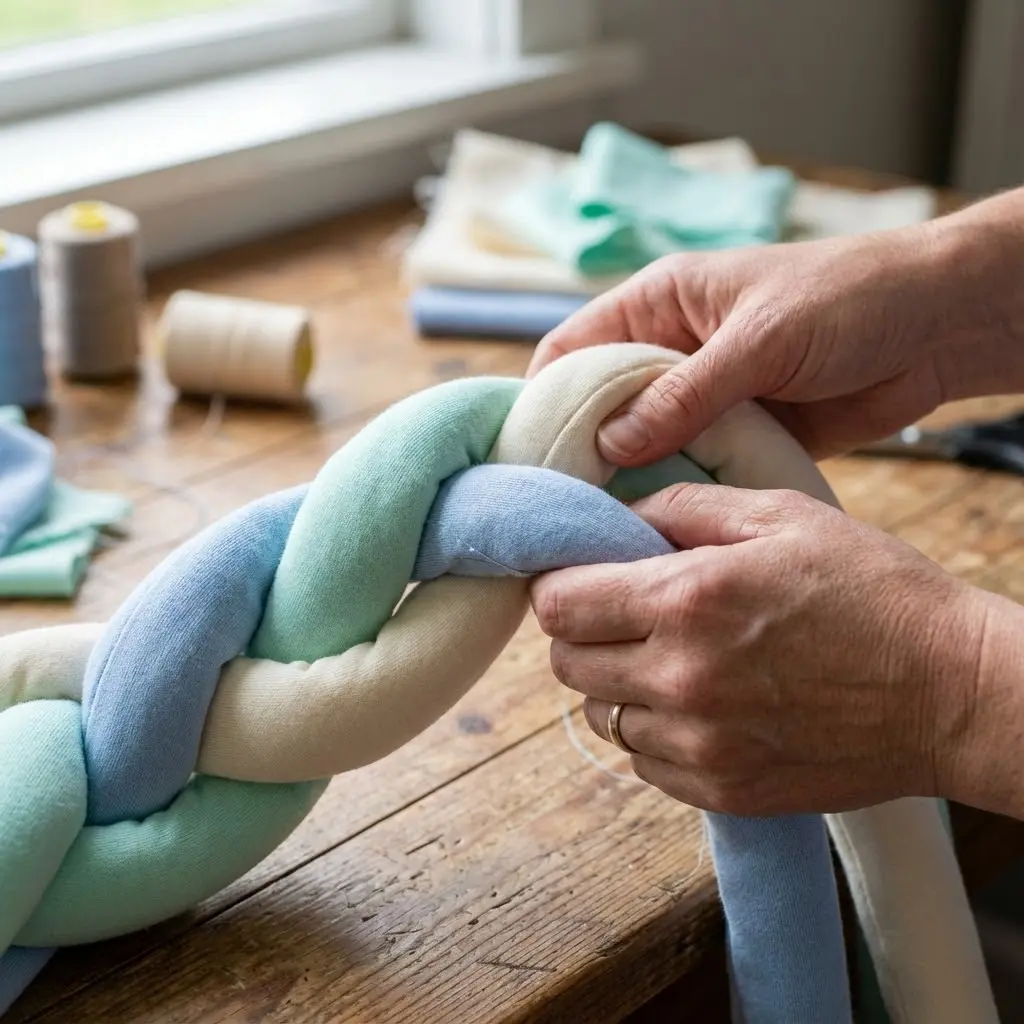 Gros plan sur des mains tressant des boudins de différentes couleurs, démontrant la technique d'entrelacement