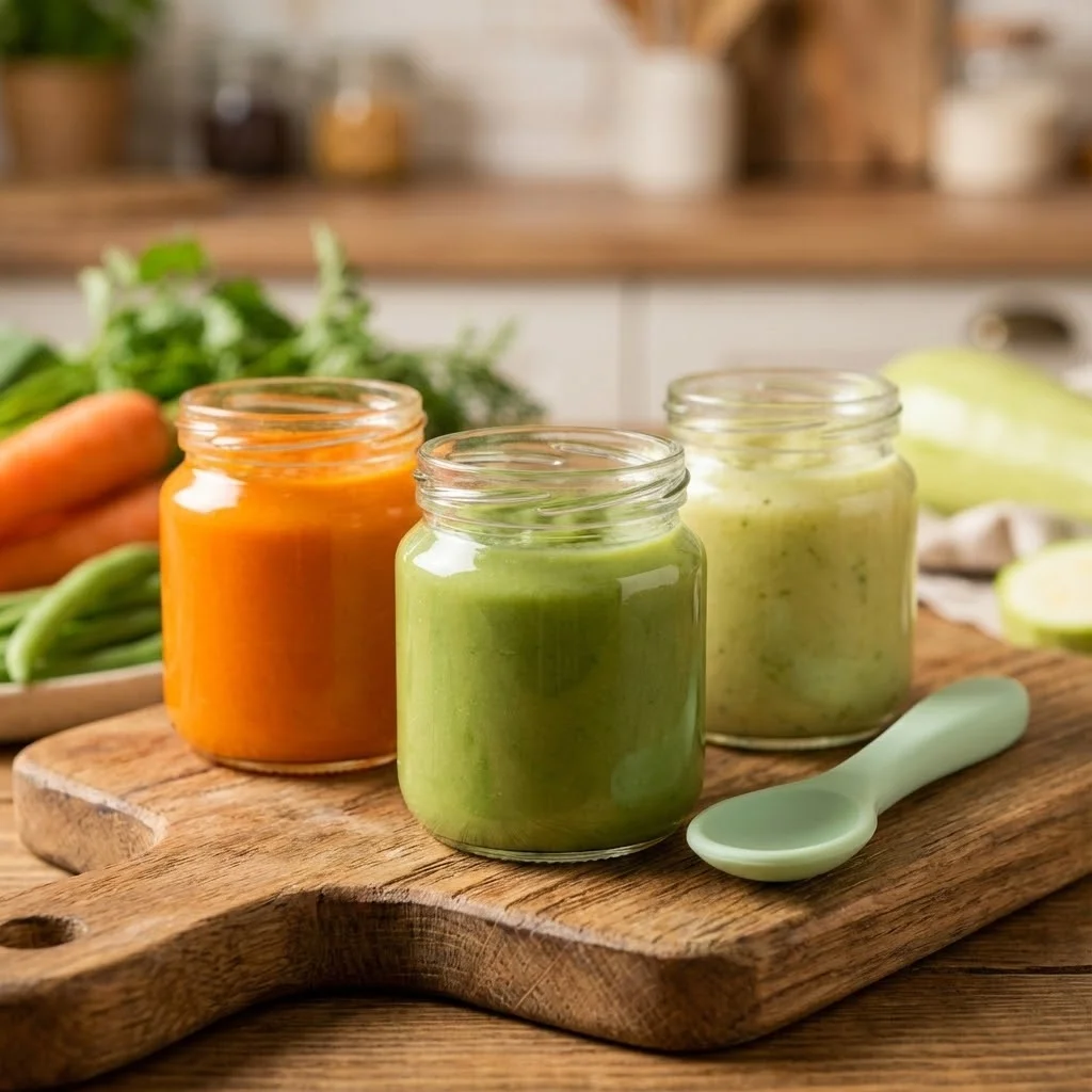 Gros plan sur des petits pots de purée maison : carotte orange vif, haricots verts, courgette. Présentation soignée sur une planche en bois avec une petite cuillère en silicone pour bébé.