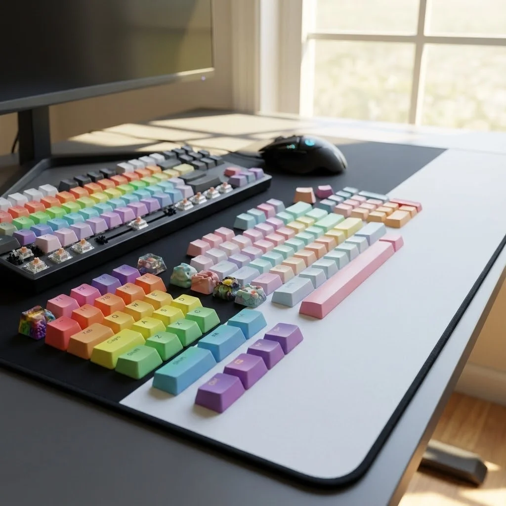 [image : gros plan sur différents sets de keycaps colorés posés sur un bureau gaming]