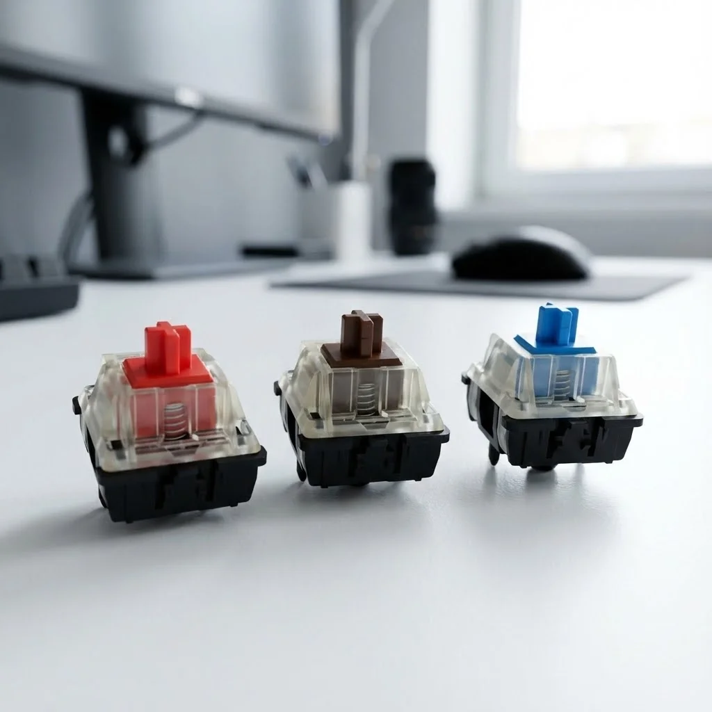 [image : gros plan sur différents types de switch Cherry MX rouge, marron et bleu]