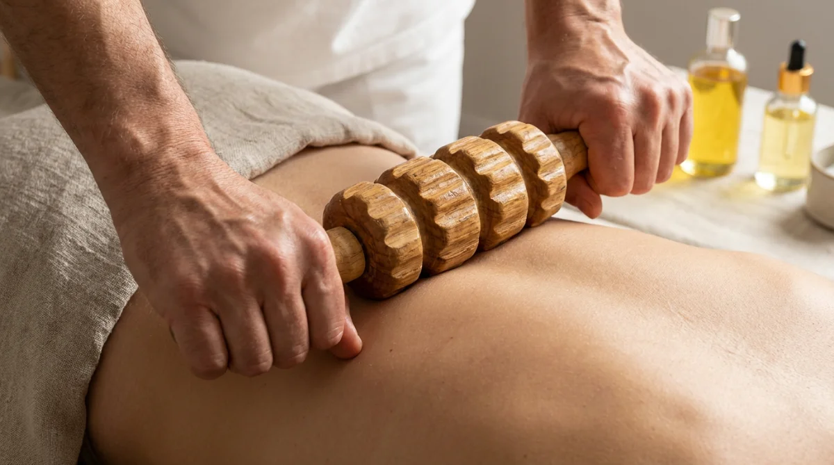 [image : Gros plan sur les mains d'une praticienne utilisant un instrument de madérothérapie, technique professionnelle visible]