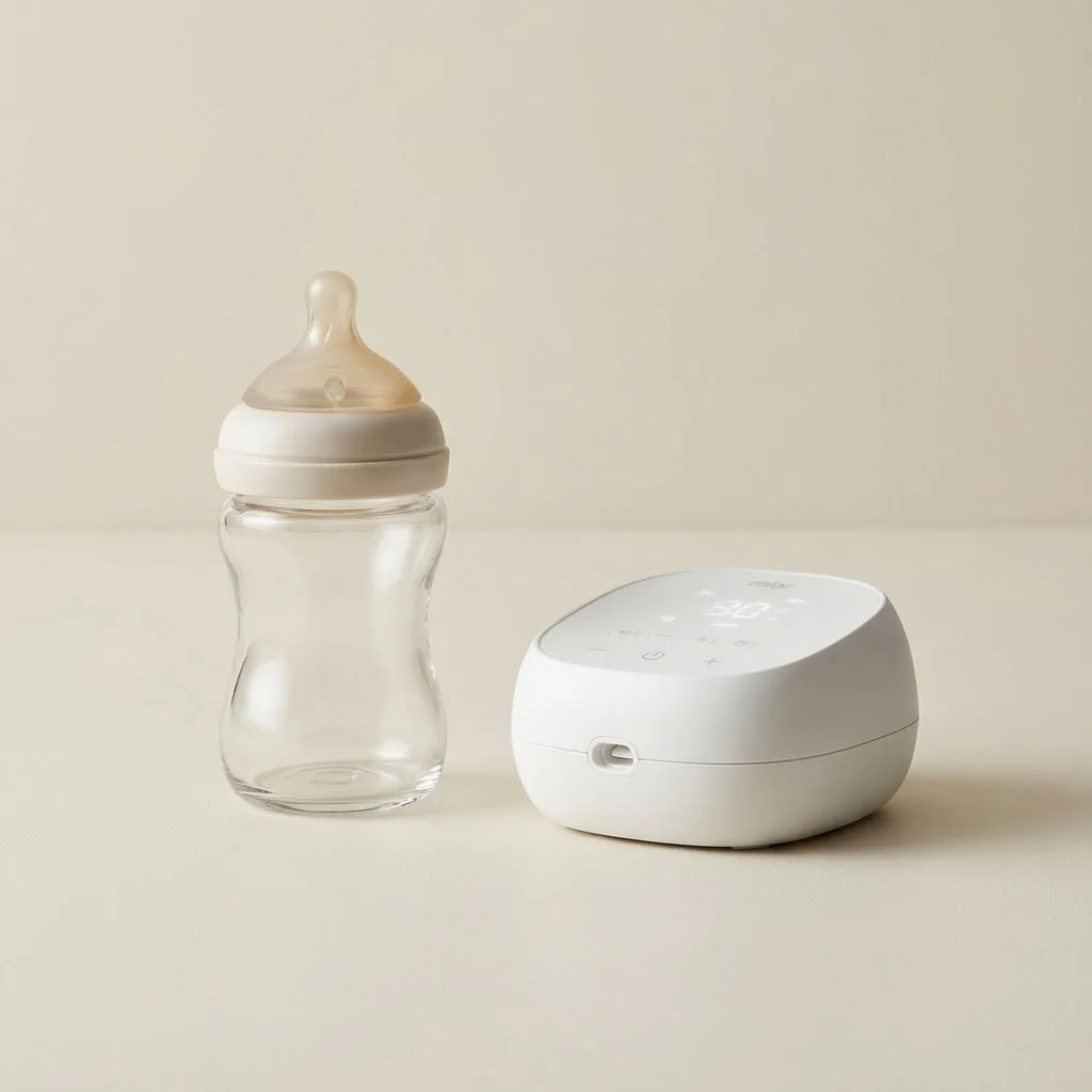 Gros plan sur un biberon ergonomique avec tétine physiologique à côté d'un tire-lait moderne. Composition soignée sur fond neutre et épuré. Style product photography minimaliste.