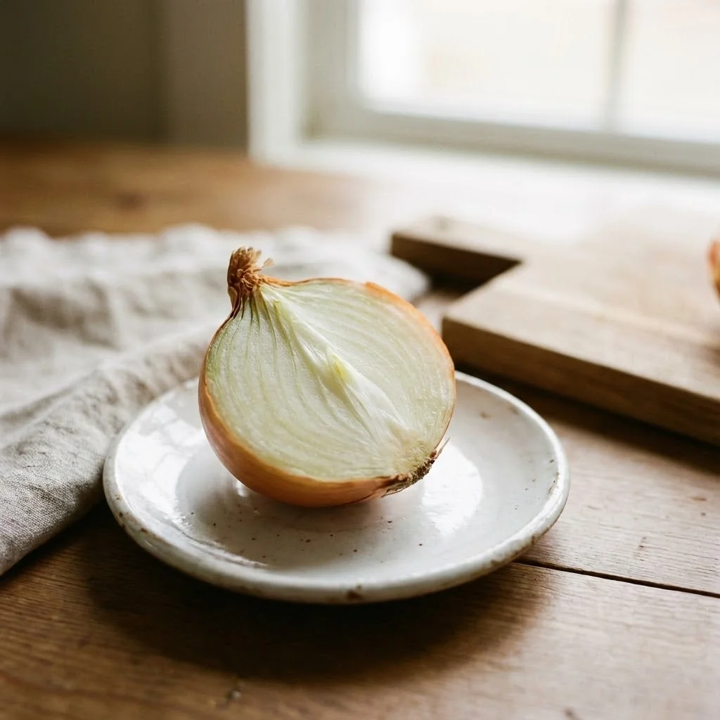Gros plan sur un oignon jaune coupé en deux posé sur une petite assiette blanche, éclairage doux, style photo naturel et authentique pour blog parental