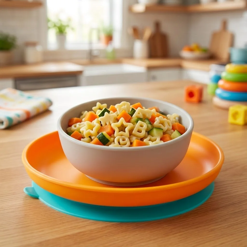 Gros plan sur un petit bol de pâtes colorées bien cuites mélangées aux légumes (carottes, courgettes), présenté sur une assiette à ventouse aux couleurs vives. Fond flou de cuisine familiale.
