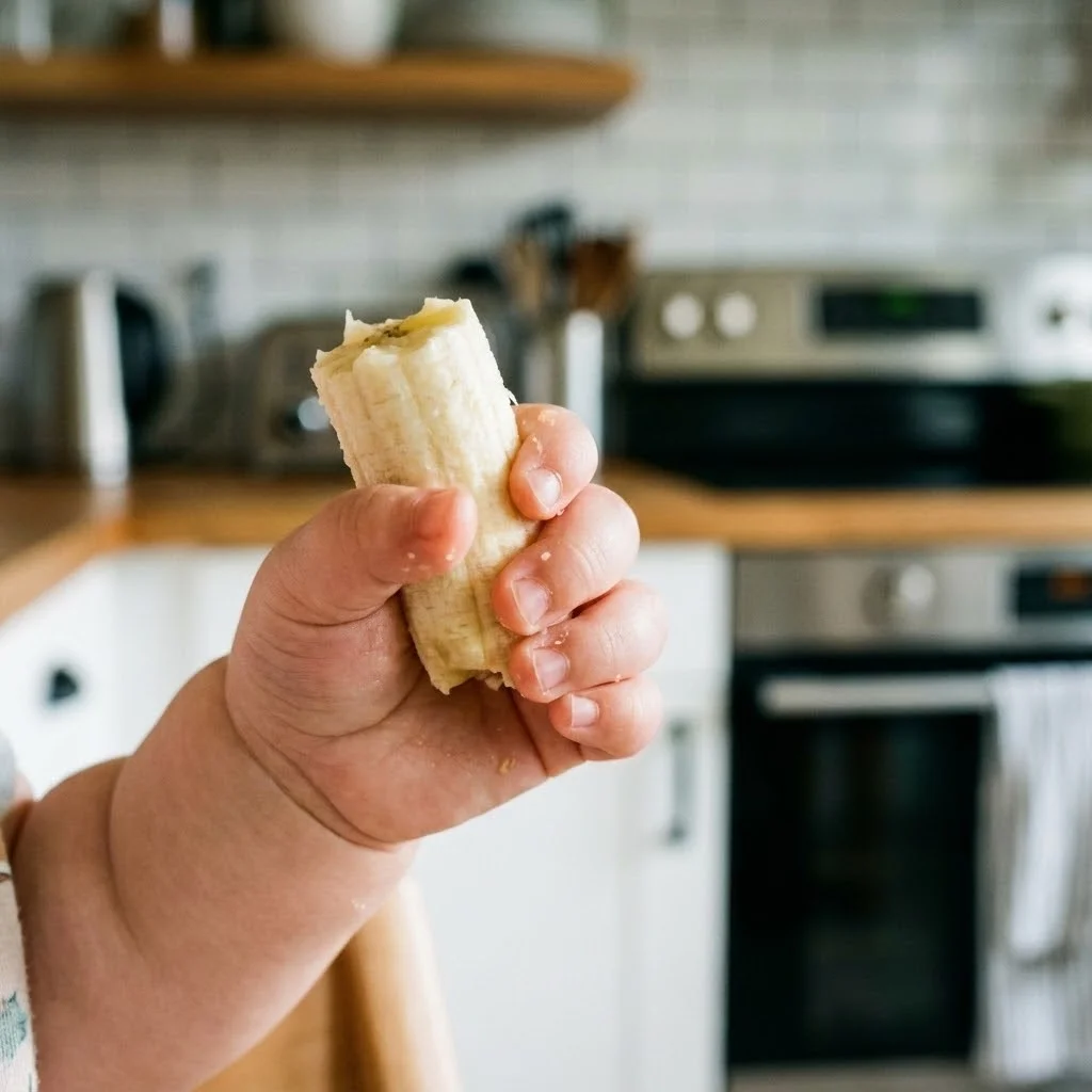 Gros plan sur une main de bébé tenant un bâtonnet de banane, focus sur les petits doigts, arrière-plan flou de cuisine moderne