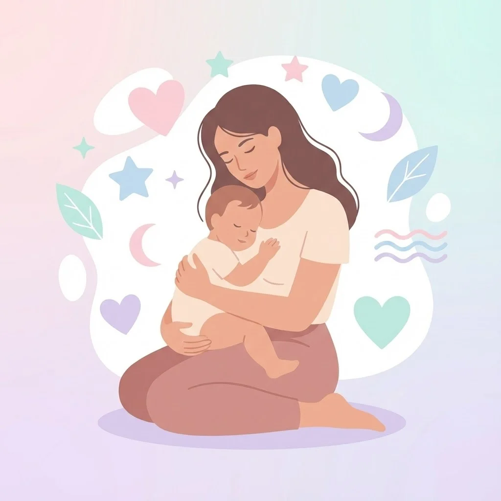 [image : Illustration artistique montrant une jeune maman sereine avec son bébé, entourée de symboles de bien-être (cœur, étoiles douces), style moderne et épuré, tons pastel]
