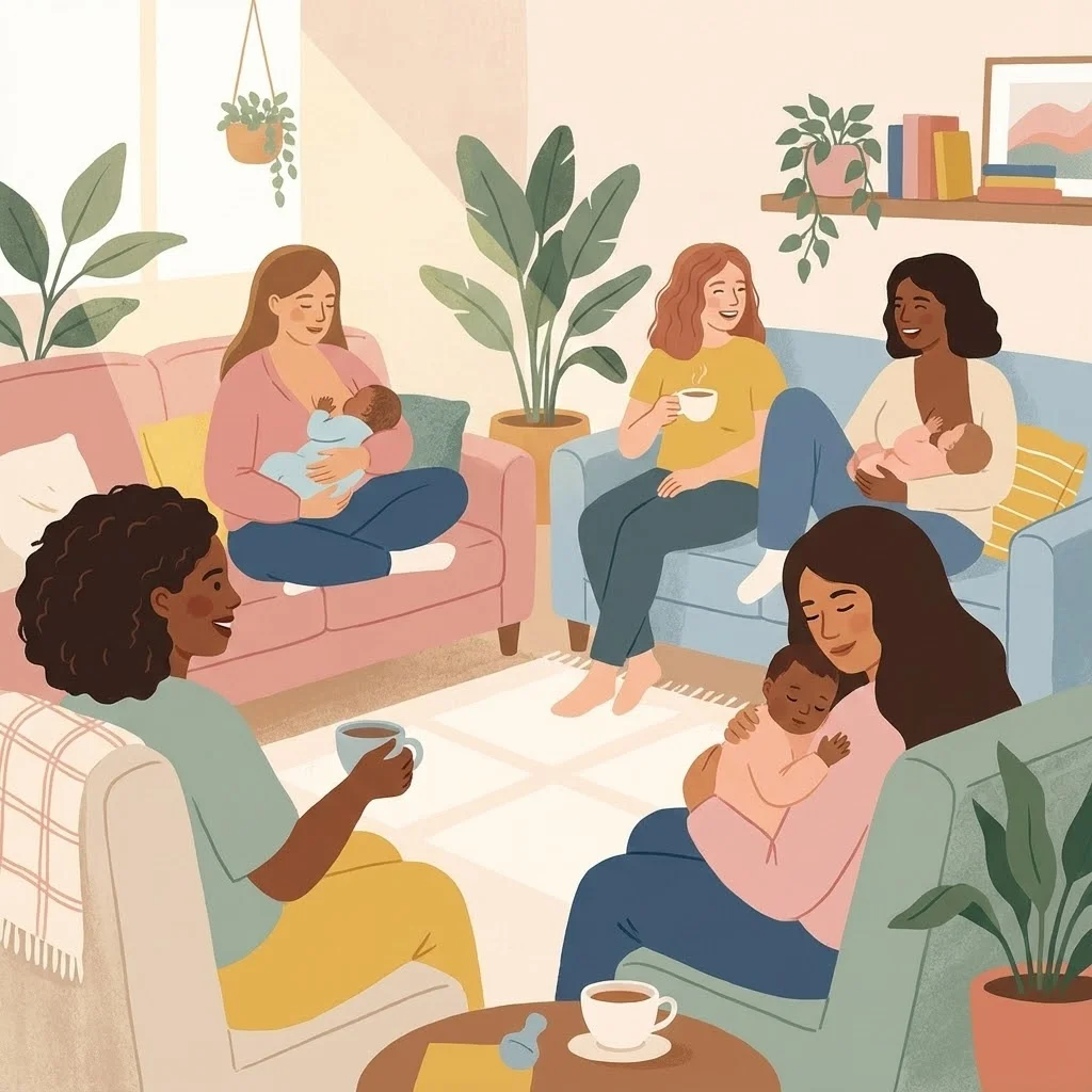 [image : Illustration chaleureuse d'un groupe de mamans partageant un instant ensemble, certaines allaitant leur bébé, ambiance bienveillante et solidaire, style illustration moderne aux couleurs douces]