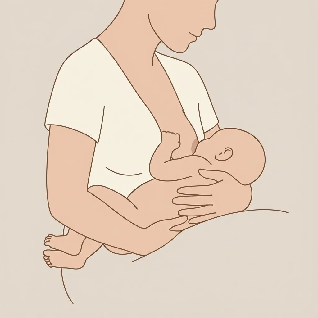 Illustration claire et pédagogique de la position madone d'allaitement, vue de profil montrant le placement du bébé contre la maman, style dessin moderne et épuré sur fond neutre