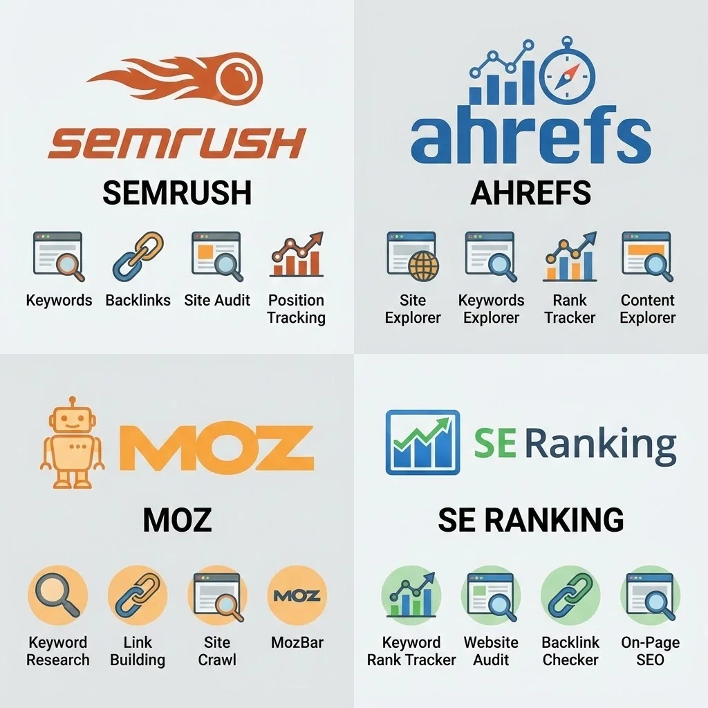 [image : Illustration comparative de 4 logos d'outils SEO majeurs (Semrush, Ahrefs, Moz, SE Ranking) disposés en grille avec icônes de leurs fonctionnalités principales - style flat design corporate]