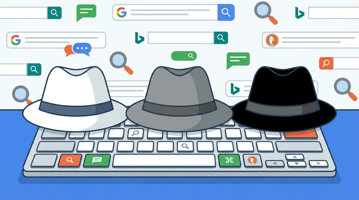 [image : Illustration conceptuelle montrant trois chapeaux alignés - un blanc, un gris et un noir - posés sur un clavier d'ordinateur avec des icônes de moteur de recherche en arrière-plan, style flat design moderne]