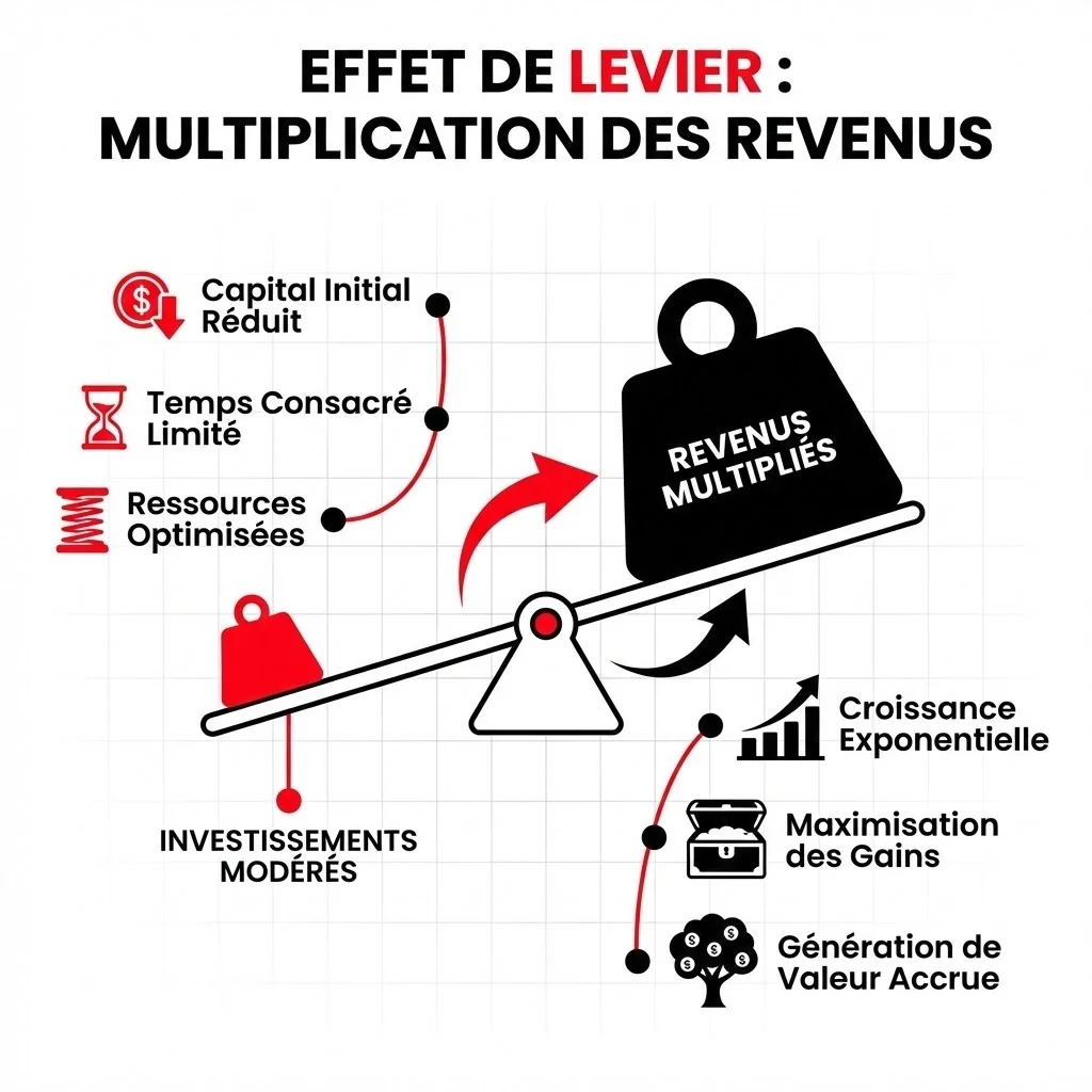 [image : Illustration conceptuelle montrant un effet de levier avec une balance - d'un côté des investissements modérés, de l'autre des revenus multipliés, style infographique moderne sur fond blanc]