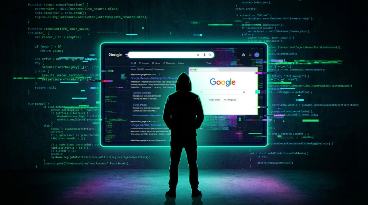 [image : Illustration conceptuelle montrant un hacker en silhouette noire face à un écran affichant des pages de recherche Google, ambiance sombre avec des lignes de code en arrière-plan, style digital art moderne]