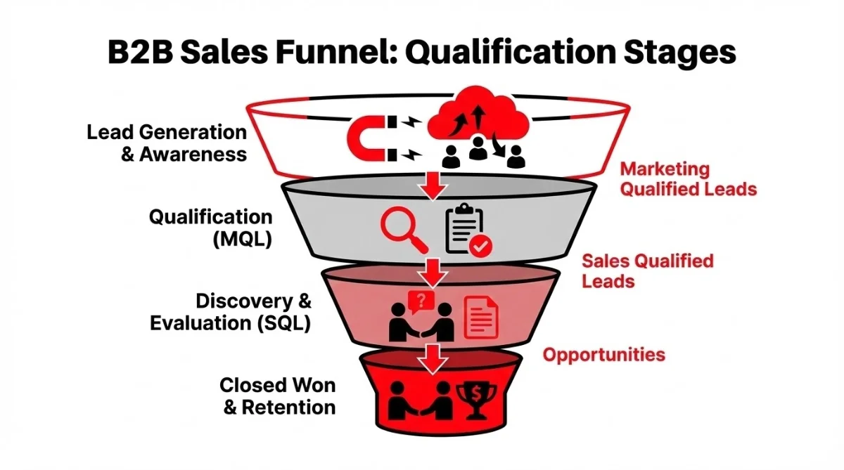 [image : Illustration d'un entonnoir de vente B2B avec des icônes représentant les étapes de qualification, style infographie corporate]