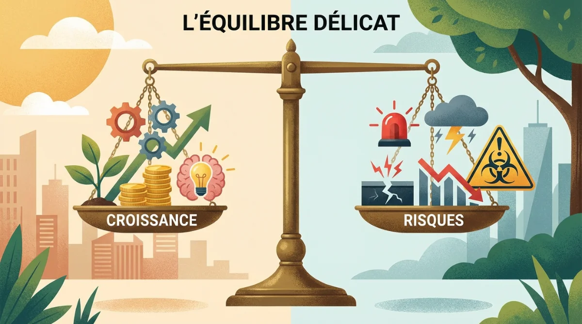 [image : Illustration d'une balance équilibrée avec d'un côté des icônes représentant les bénéfices (croissance, rapidité) et de l'autre les risques (alerte, pénalité)]