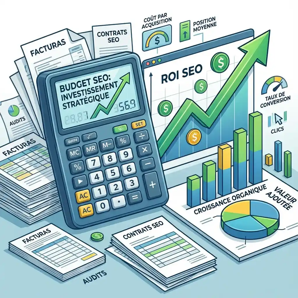 [image : Illustration de calculatrice et documents financiers représentant le budget SEO, avec graphiques de ROI et indicateurs de création de valeur]