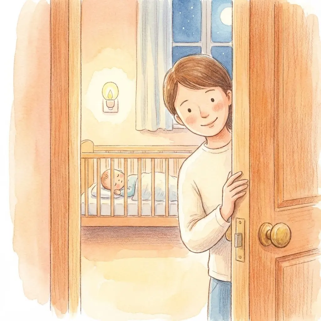 Illustration douce d'un parent observant son bébé depuis la porte de la chambre entrouverte, expression rassurante, tons chaleureux et apaisants