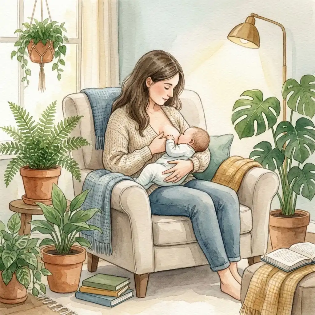Illustration douce et rassurante d'une mère allaitant paisiblement son bébé dans un fauteuil confortable, environnement cosy avec des plantes vertes, lumière tamisée, style aquarelle moderne