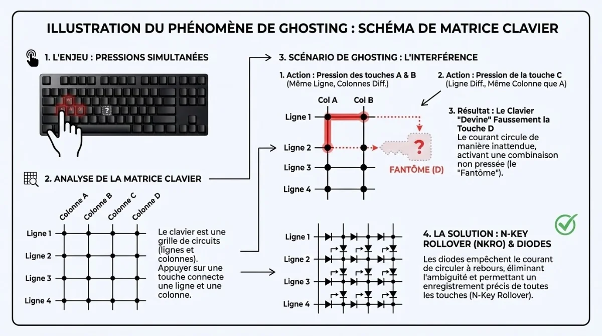 [image : illustration du phénomène de ghosting avec schéma de matrice clavier]