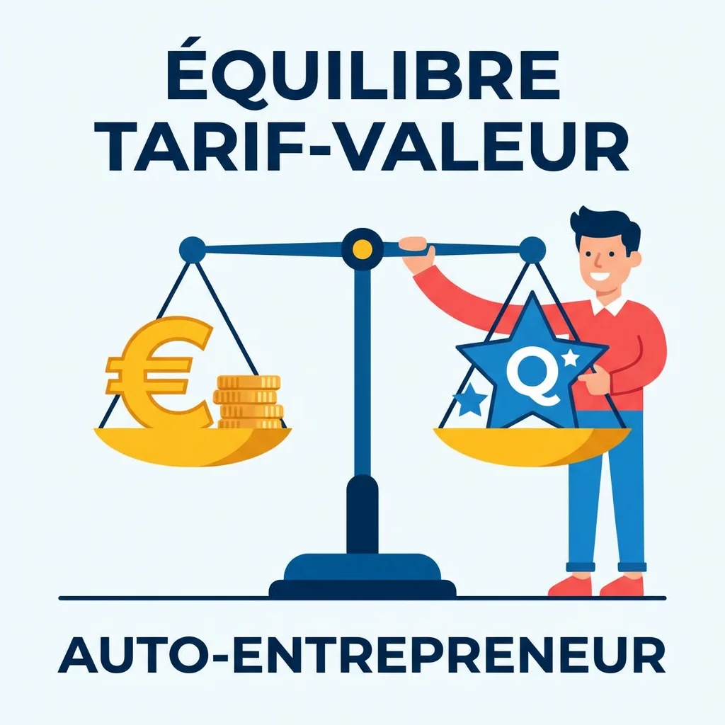 [image : illustration flat design montrant une balance équilibrée entre un symbole euro et un symbole qualité/étoile, représentant l'équilibre tarif-valeur pour un auto-entrepreneur]