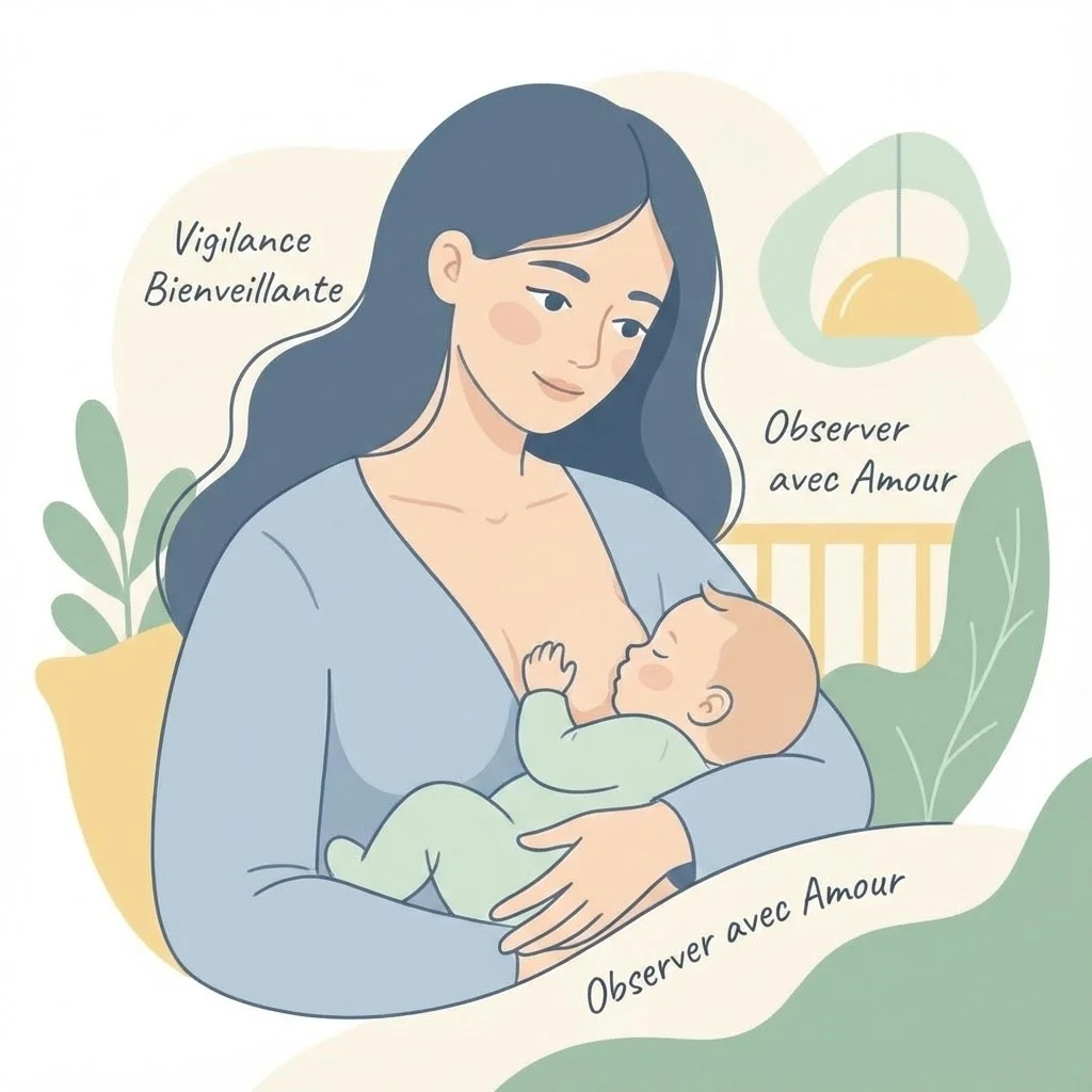 Illustration informative douce et rassurante montrant une maman qui observe attentivement son bébé pendant l'allaitement, expression bienveillante et sereine, palette de couleurs pastel, style moderne et épuré, suggérant la vigilance sans anxiété