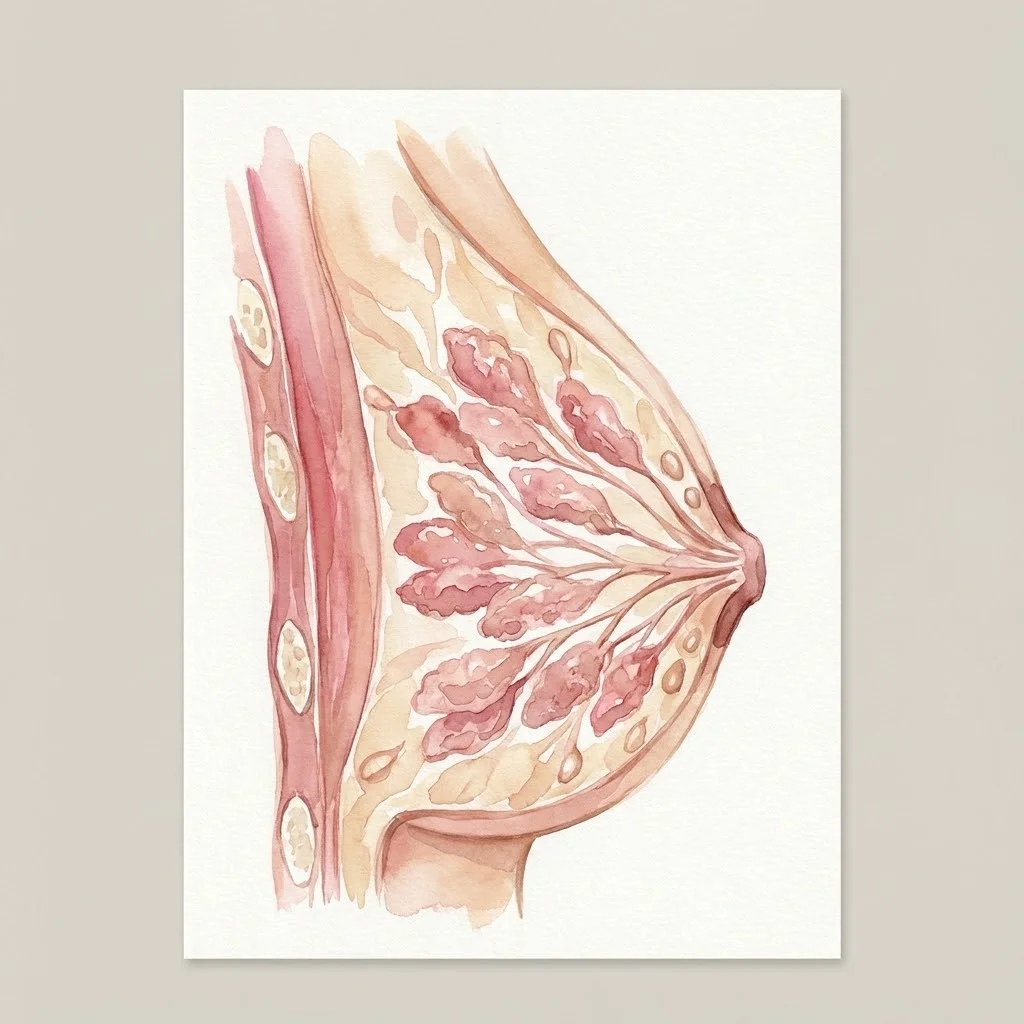 Illustration médicale élégante et accessible montrant l'anatomie du sein avec l'aréole et les glandes de Montgomery, style aquarelle douce, couleurs chair et rosées, fond neutre