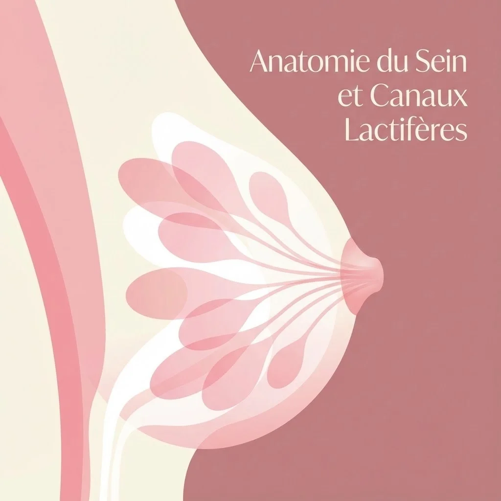 Illustration médicale élégante et rassurante montrant une coupe anatomique simplifiée du sein avec les canaux lactifères, style épuré moderne, couleurs douces rose et blanc