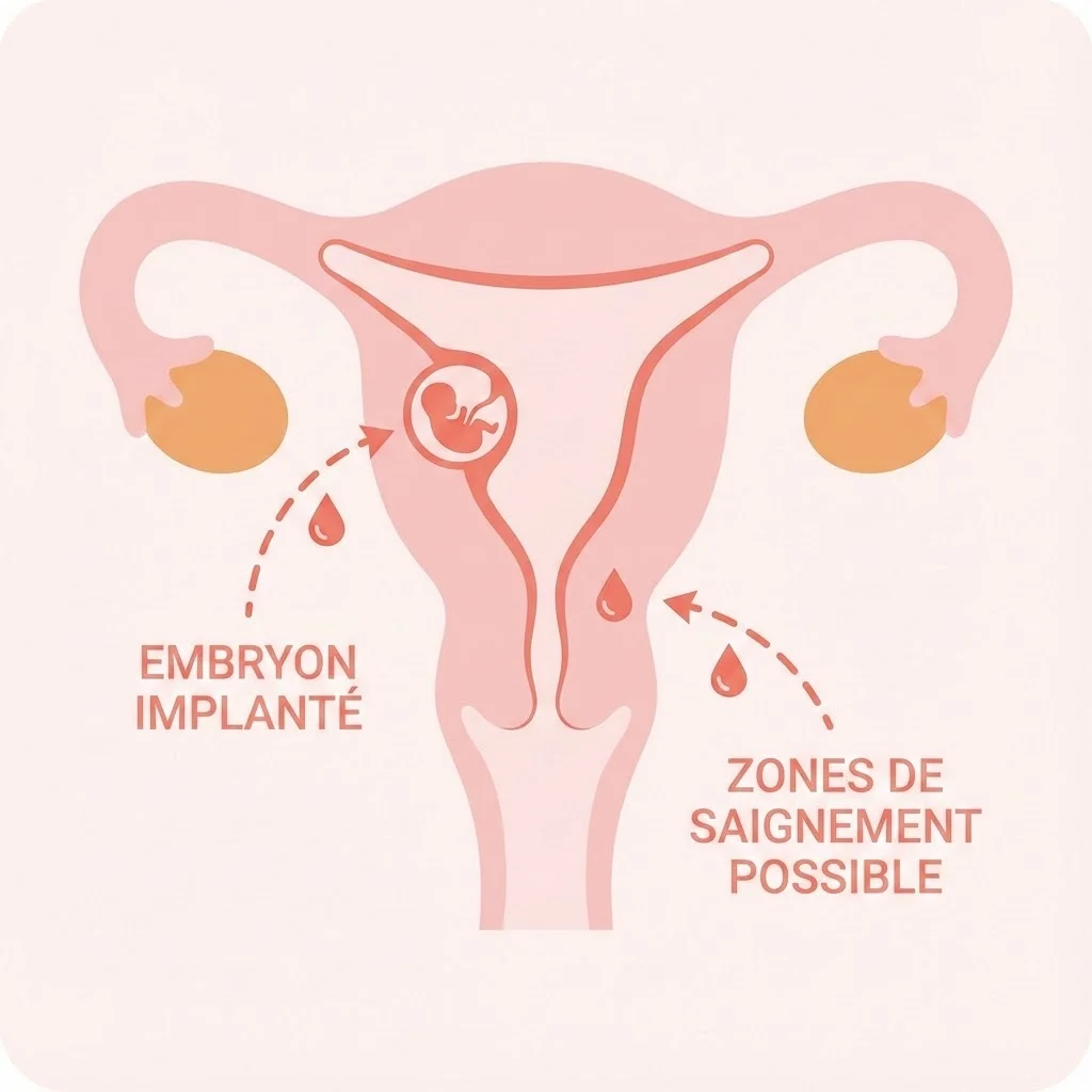 Illustration médicale simplifiée montrant l'utérus avec un embryon implanté, flèches indiquant les zones de saignement possible, couleurs douces rose et corail, style infographique moderne
