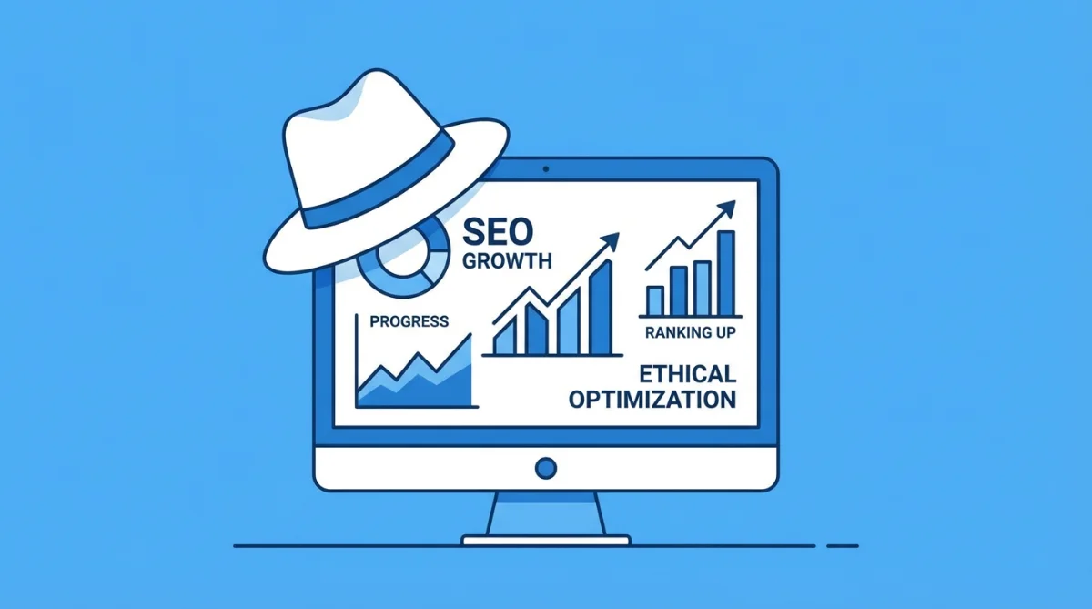 [image : Illustration minimaliste d'un chapeau blanc posé sur un écran d'ordinateur affichant des graphiques de progression SEO, style flat design, couleurs bleu et blanc, ambiance professionnelle et éthique]