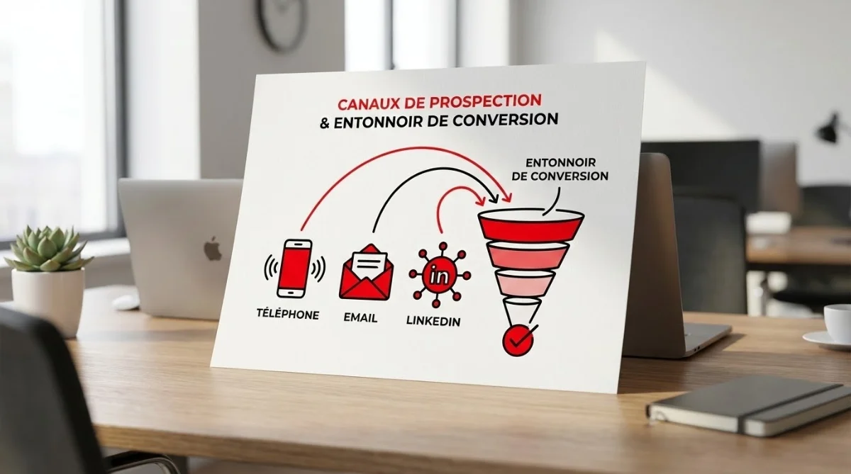 [image : Illustration montrant les différents canaux de prospection : icônes téléphone, email, LinkedIn interconnectées autour d'un entonnoir de conversion, style flat design]