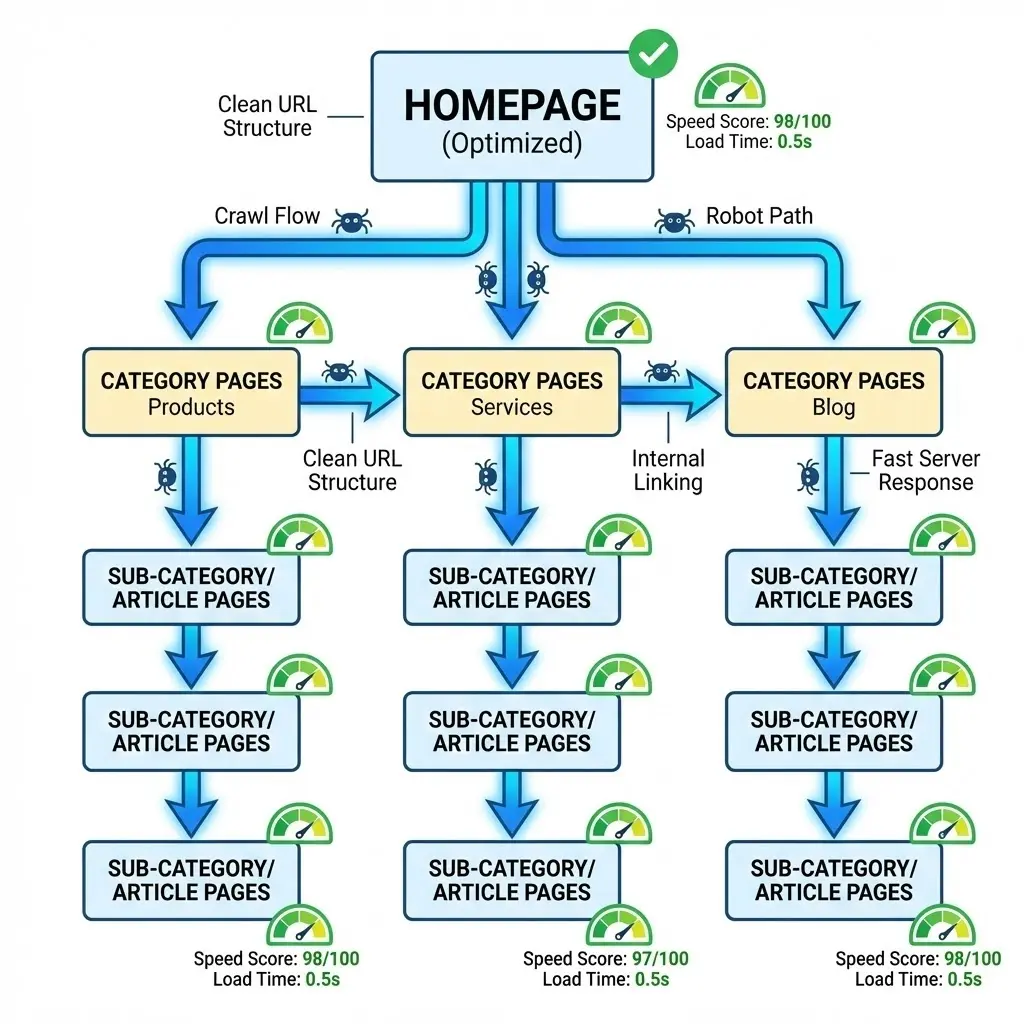 [image : illustration montrant un schéma de site web optimisé avec des flèches représentant le crawl des robots, architecture de pages bien organisée et indicateurs de vitesse]