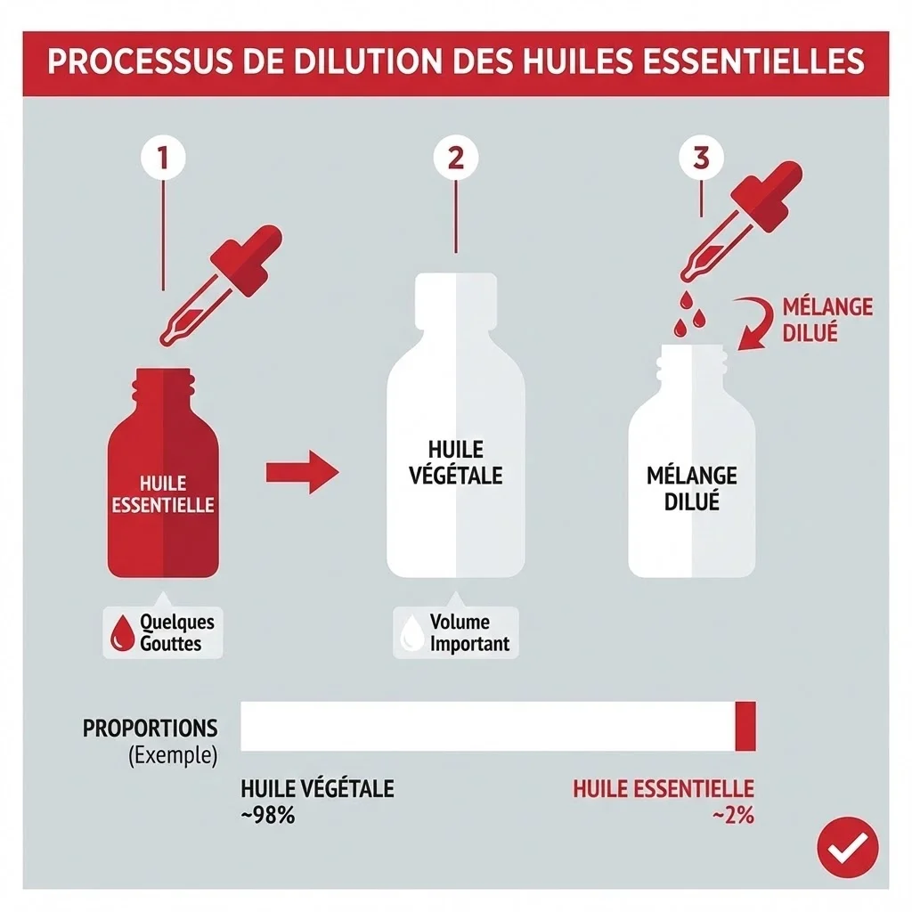 Illustration pédagogique montrant le processus de dilution d'une huile essentielle - un compte-gouttes versant des gouttes dans un petit flacon d'huile végétale, avec des indications visuelles de proportions, style épuré et informatif