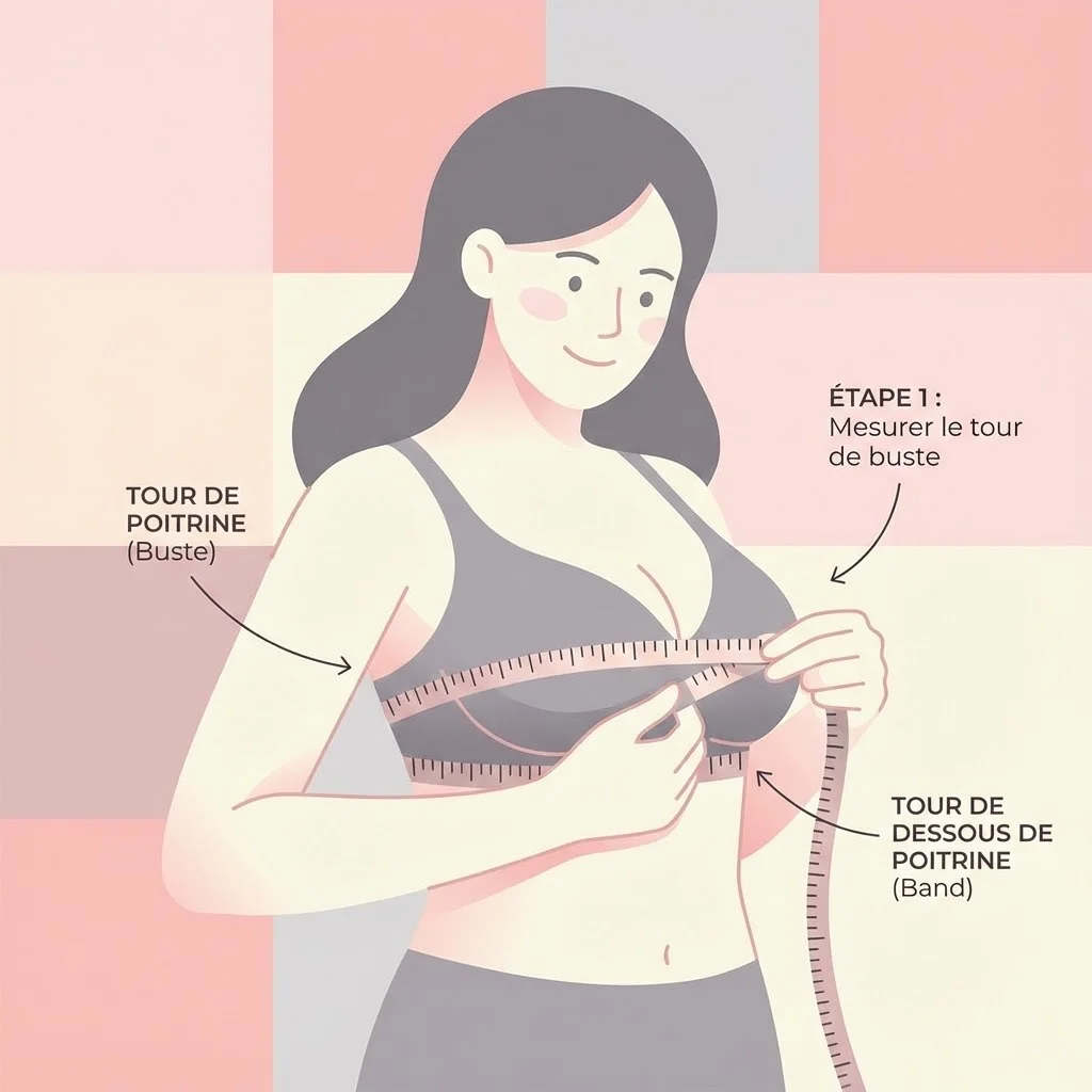 Illustration pédagogique montrant une femme prenant ses mesures de poitrine avec un mètre ruban, style infographie moderne et épuré, couleurs pastel rose et gris, annotations discrètes