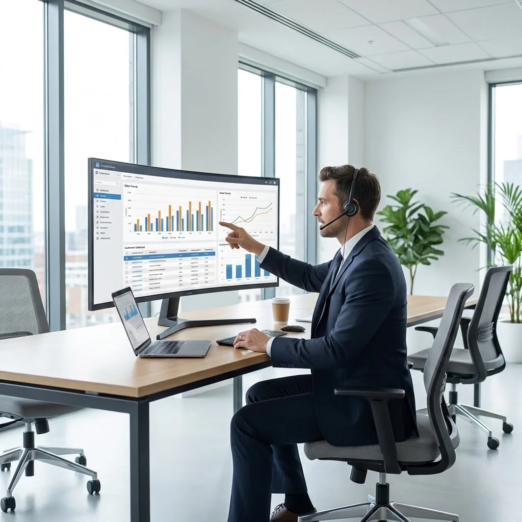 [image : Illustration professionnelle d'un commercial analysant des données sur écran, avec graphiques et base visible, ambiance bureau moderne et lumineuse, style corporate épuré]