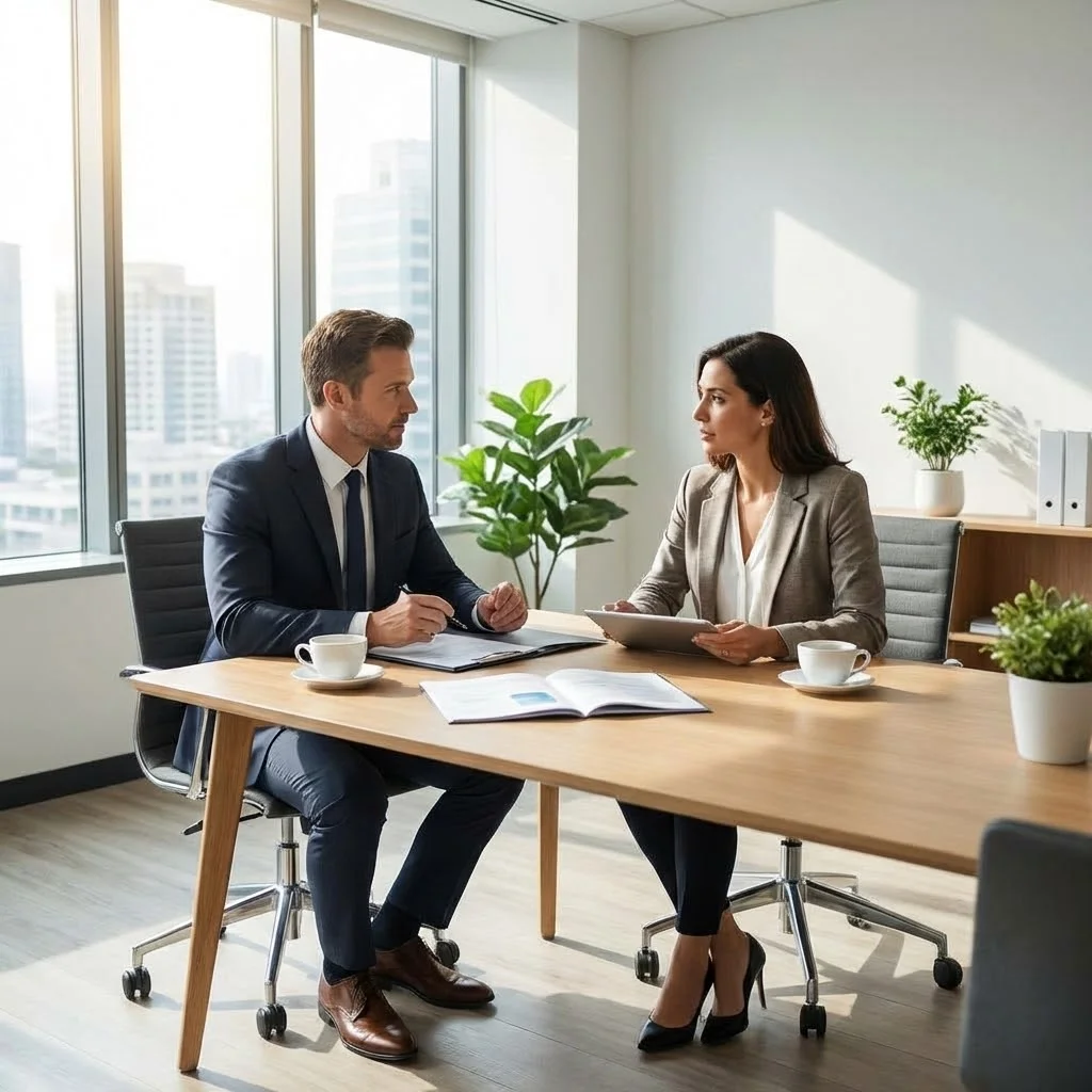 [image : Illustration professionnelle d'un entretien commercial en B2B, vendeur et client face à face dans un bureau moderne, expressions concentrées, documents sur la table, lumière naturelle, style réaliste corporate]