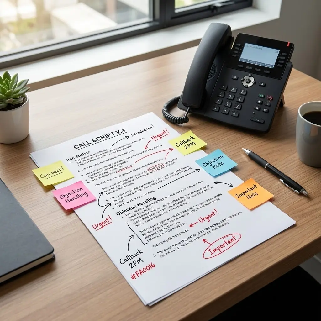 [image : Illustration professionnelle d'un script d'appel annoté avec des post-it colorés, posé sur un bureau avec un téléphone fixe moderne]